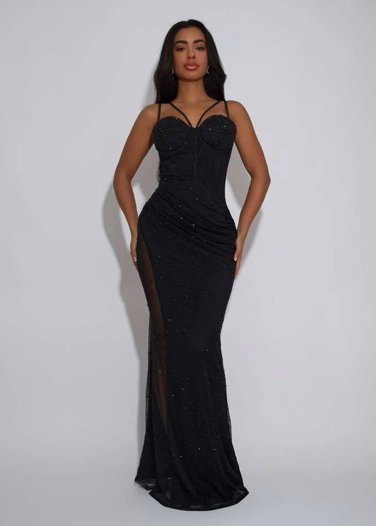 Midnight Stardust Rhinestone High-Slit Maxi Dress- Black