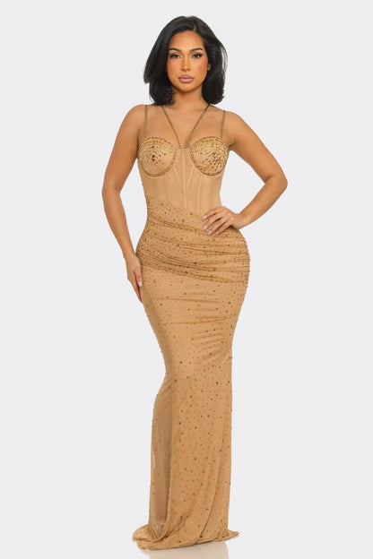 Midnight Stardust Rhinestone High-Slit Maxi Dress- Nude
