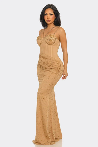 Midnight Stardust Rhinestone High-Slit Maxi Dress- Nude