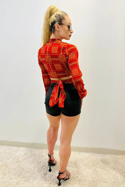 Milan Red Crop Top with Wrap Front and Long Sleeves