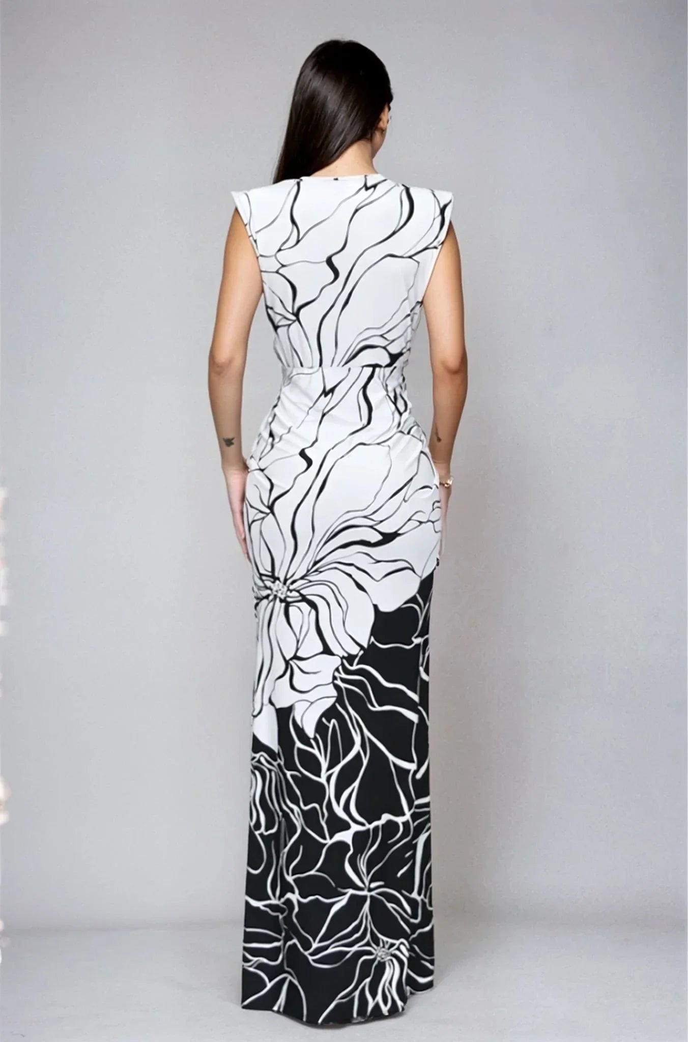 Monochrome Bloom Draped Maxi Dress - Black/White