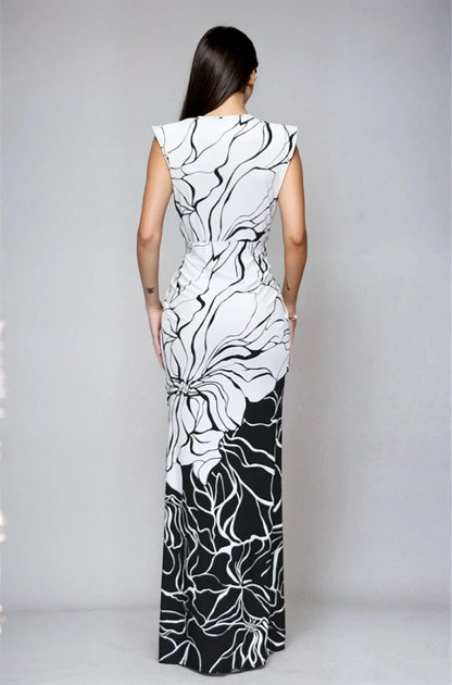 Monochrome Bloom Draped Maxi Dress - Black/White