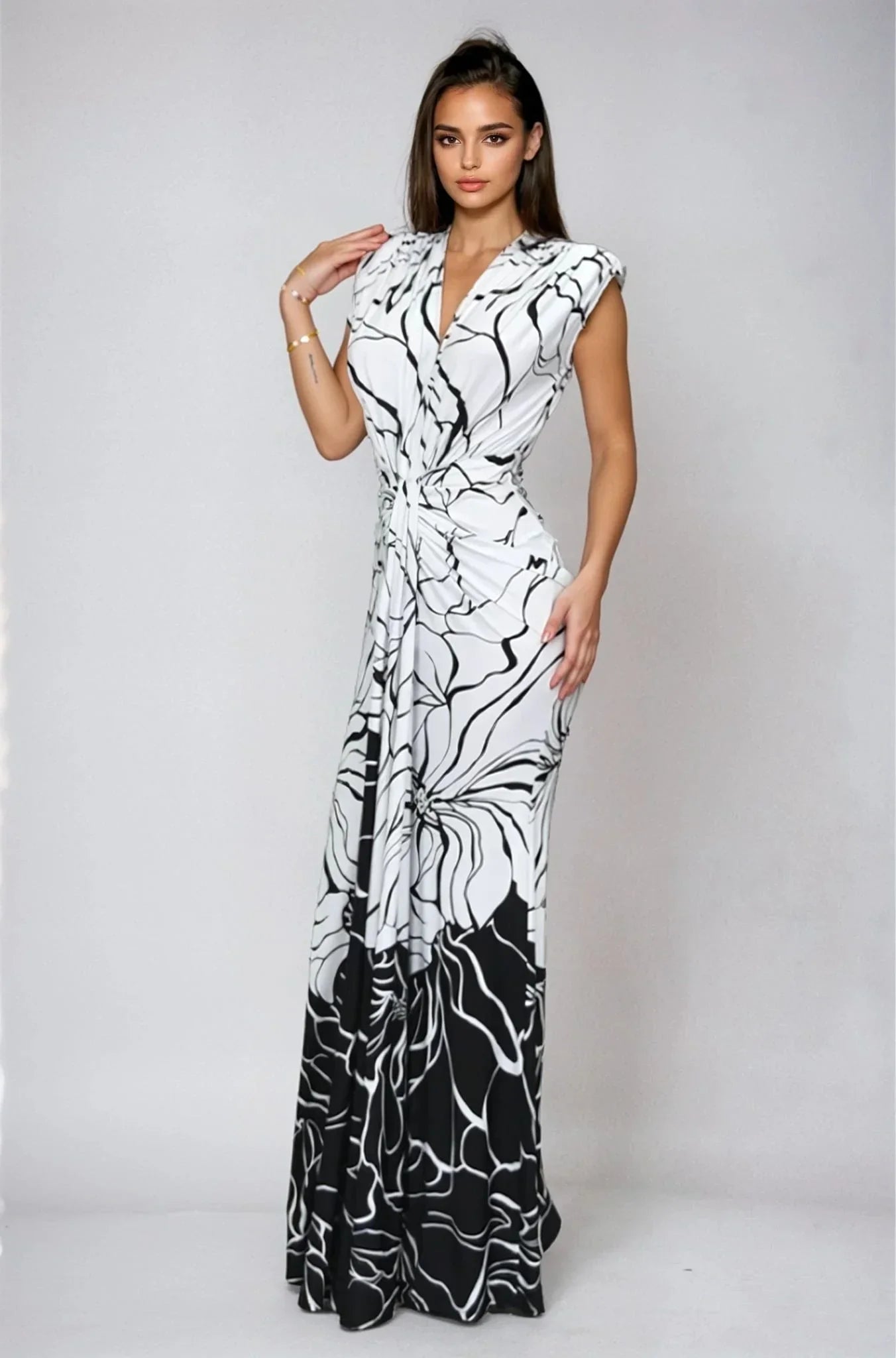 Monochrome Bloom Draped Maxi Dress - Black/White