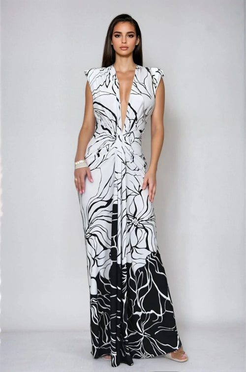Monochrome Bloom Draped Maxi Dress - Black/White
