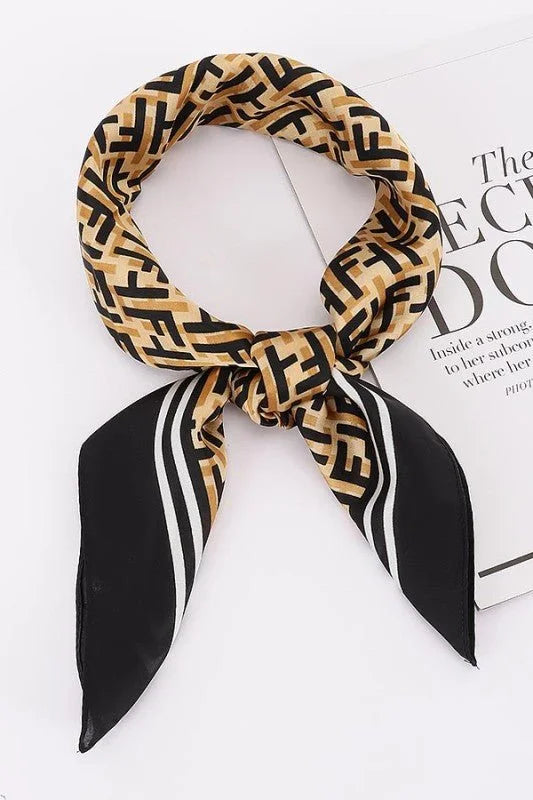 Luxe Monogram Bandana – Black Silk Feel Geometric Scarf
