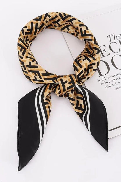 Luxe Monogram Bandana – Black Silk Feel Geometric Scarf