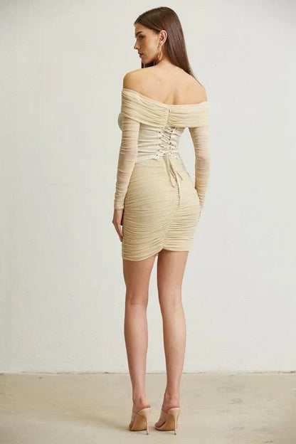 Noir Silhouette Ruched Mini Dress And Corset 2PC (Champagne)