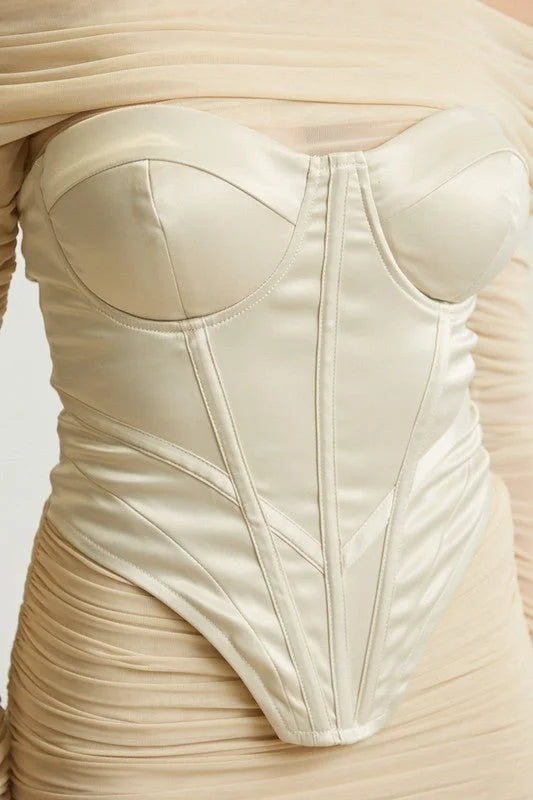 Noir Silhouette Ruched Mini Dress And Corset 2PC (Champagne)