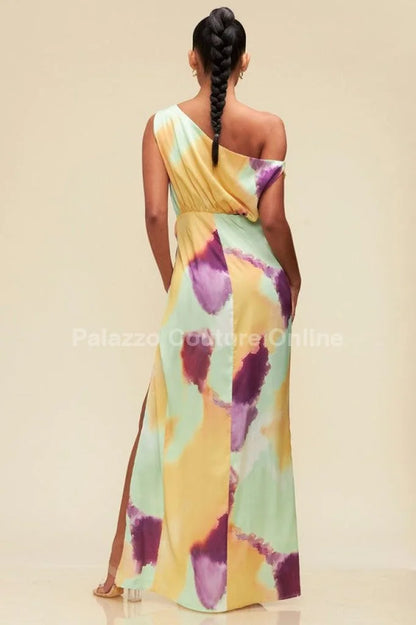 Obsessed One Shoulder Drape Maxi Dress ( Orange/Mint)