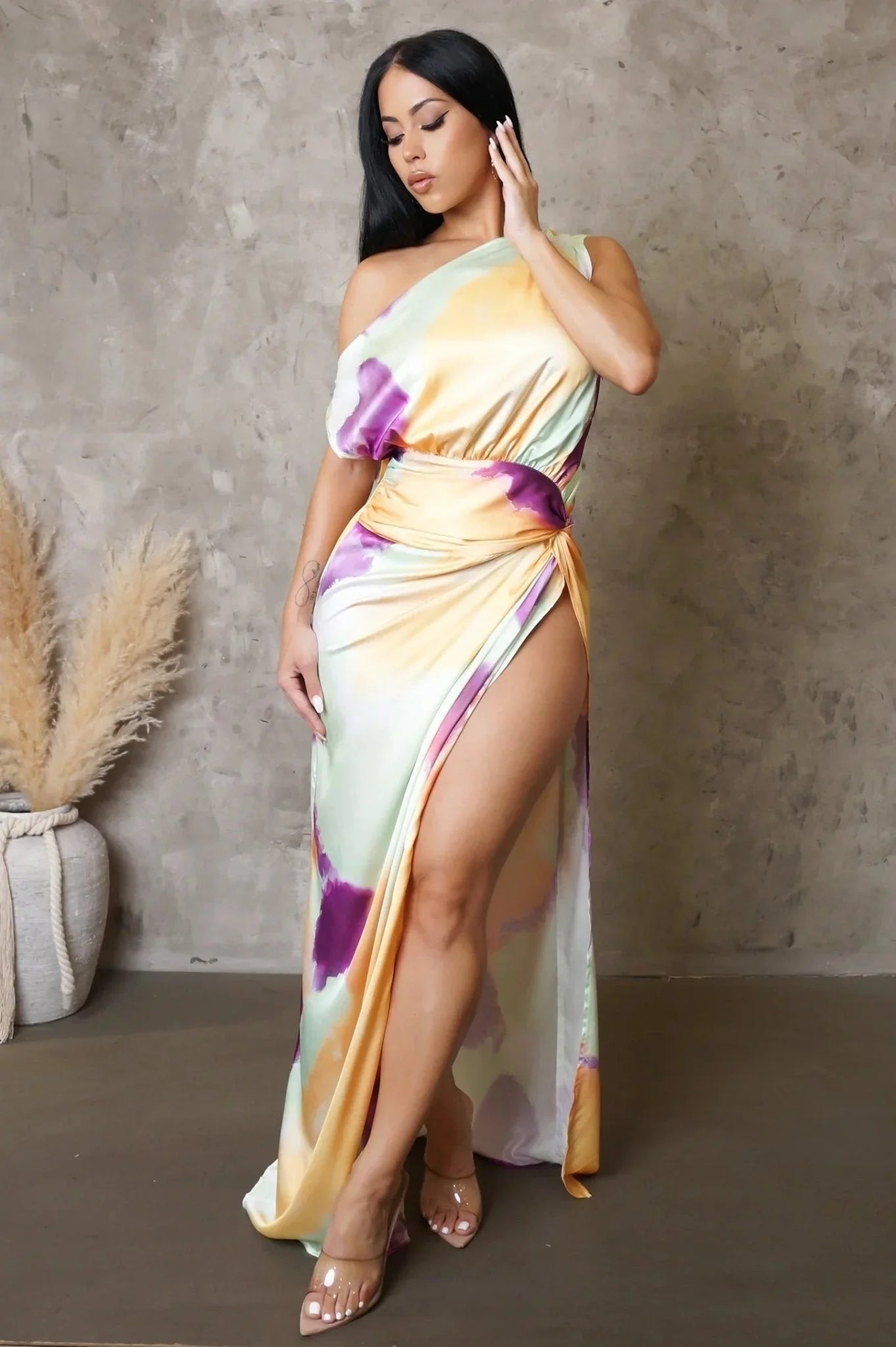 Obsessed One Shoulder Drape Maxi Dress ( Orange/Mint)