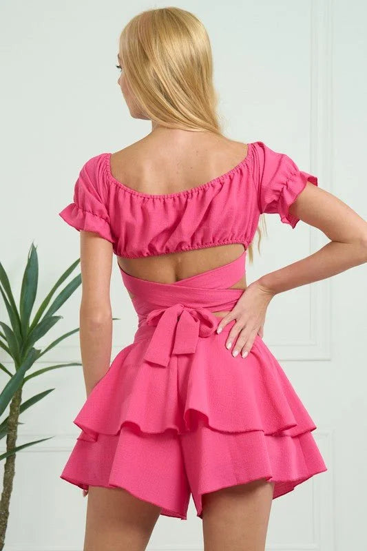 Off Shoulder in Cap Sleeve & Waist Shorts Set
