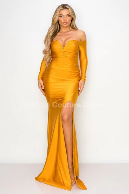 Off shoulder Long Sleeve Wire Bra Sweetheart Maxi Dress (Mustard)