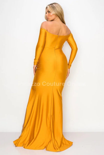 Off shoulder Long Sleeve Wire Bra Sweetheart Maxi Dress (Mustard)