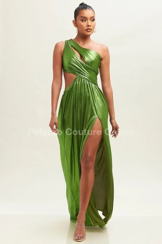 One Shoulder Pleated Gown Maxi Dress (Moss)