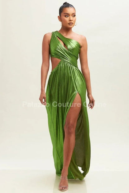One Shoulder Pleated Gown Maxi Dress (Moss)
