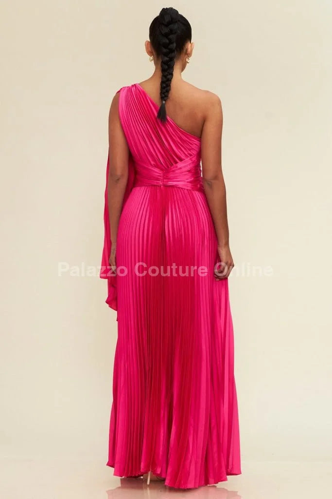 One Shoulder Pleated Maxi Dress (Fuchsia)