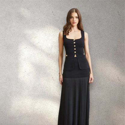 Parisian Pleat Elegance 2-Piece Skirt Set - Black