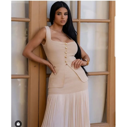 Parisian Pleat Elegance 2-Piece Skirt Set - Natural