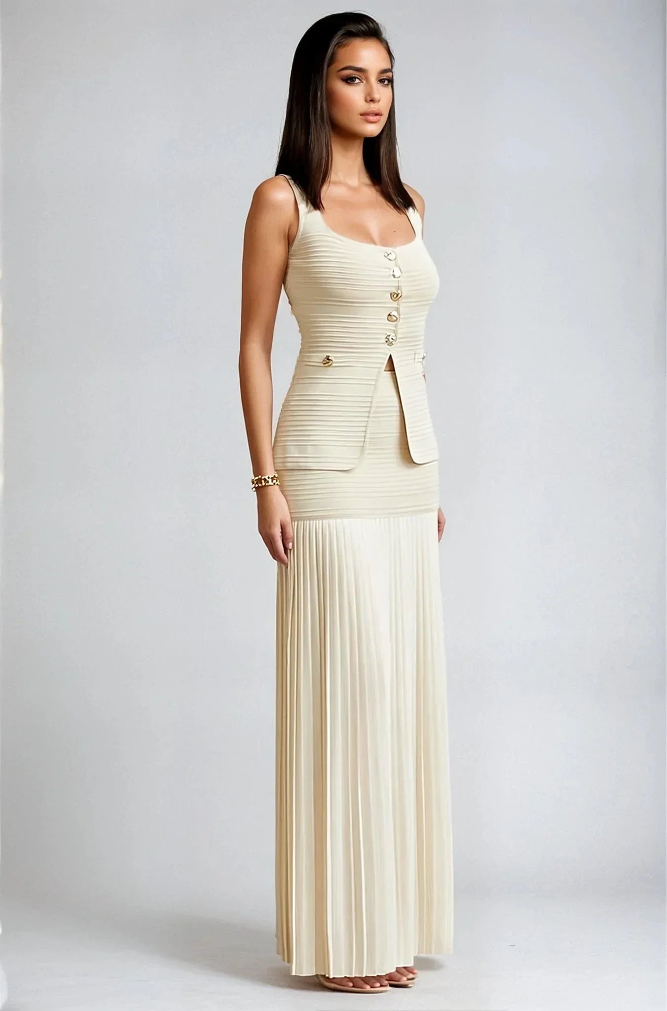 Parisian Pleat Elegance 2-Piece Skirt Set - Natural