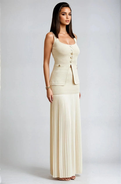 Parisian Pleat Elegance 2-Piece Skirt Set - Natural