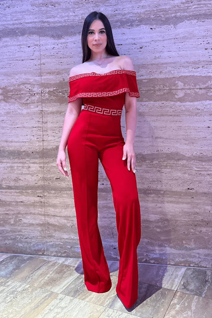 Passion Red Jumpsuit with Off-Shoulder Design and Stretch Fit