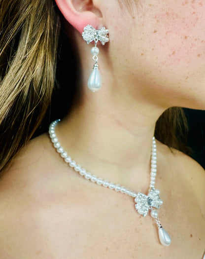 Pearl Blossom Drop Necklace 2pc Set (Silver)