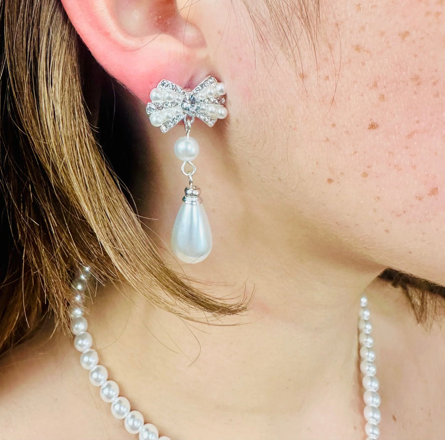 Pearl Blossom Drop Necklace 2pc Set (Silver)