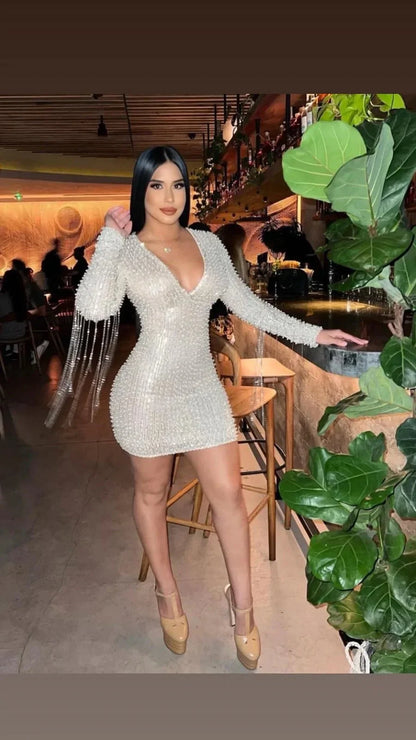 Pearl Glam Divina Silver Sequin Dress with Pearl Fringe Sleeves