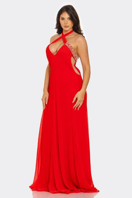 Pearl Luxe Halter Maxi Dress - Coral