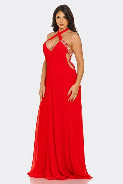 Pearl Luxe Halter Maxi Dress - Coral