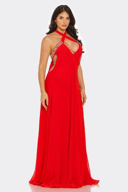 Pearl Luxe Halter Maxi Dress - Coral