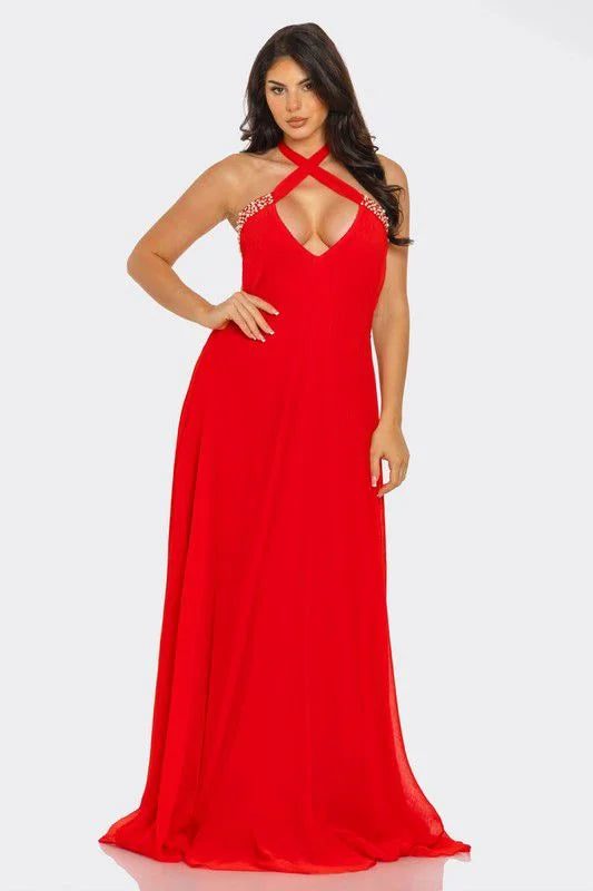Pearl Luxe Halter Maxi Dress - Coral