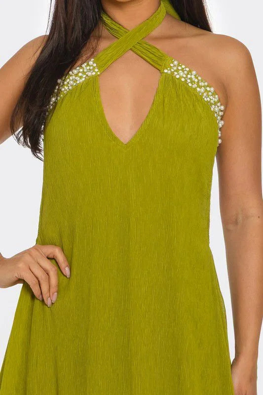 Pearl Luxe Halter Maxi Dress - Green