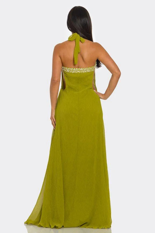 Pearl Luxe Halter Maxi Dress - Green