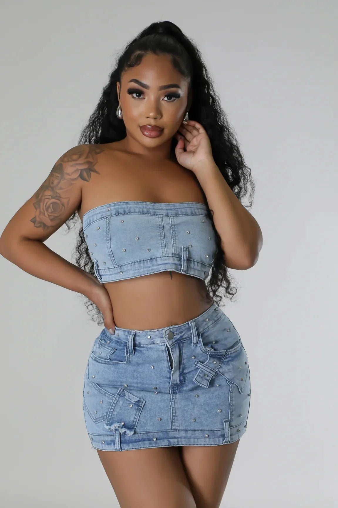 Pearlescent Denim Duo Skirt Set