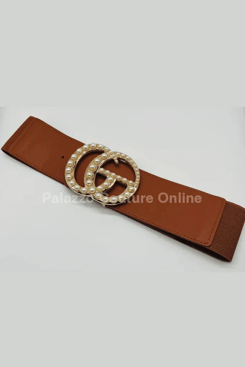 Perls Buckle Elastic Belt (Camel)