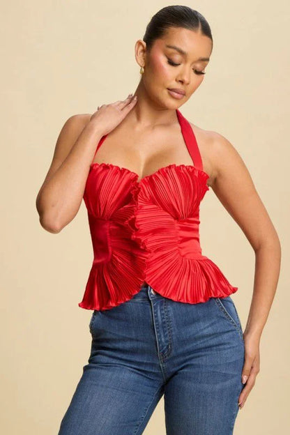 Peyton Red Pleated Halter Top with Open Back Detail