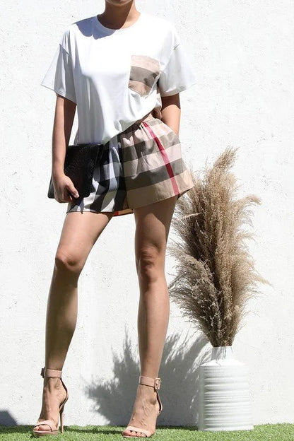 Plaid Woven Shirt Top and Short Set (Off White)