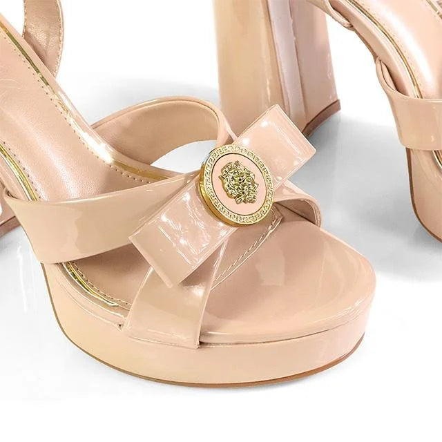 Platform Olina Tamara Cross & Bow Heels -Nude