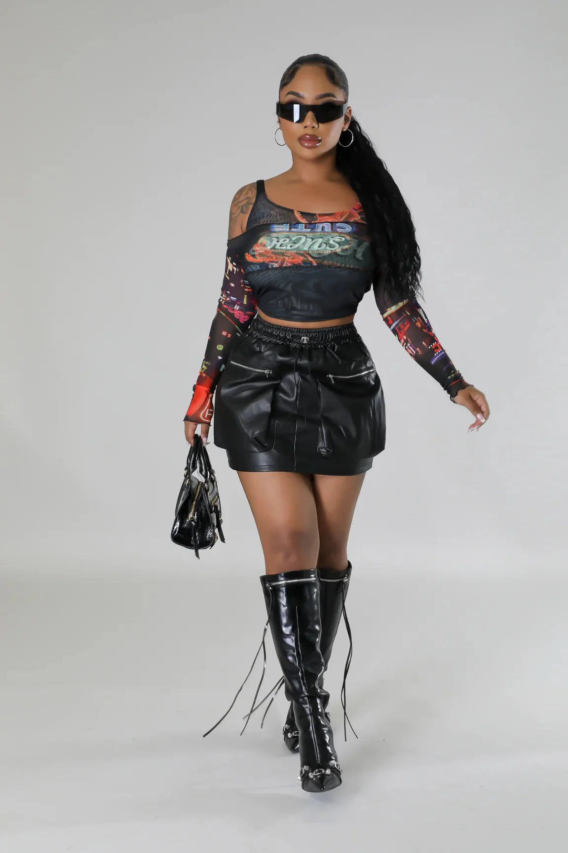 Pocketed Posh Leather Skirt (Black)