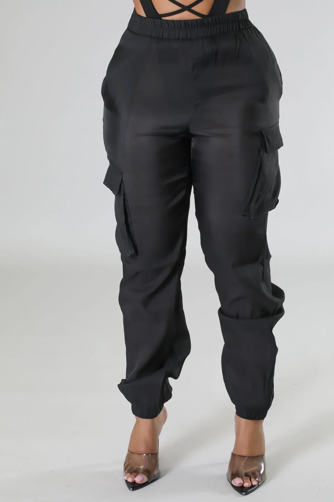 Poolside Days Sheer Cargo Pants – Black High-Waisted Organza Style