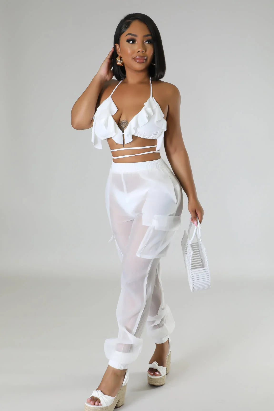 Poolside Days Sheer Cargo Pants – White High-Waisted Organza Style