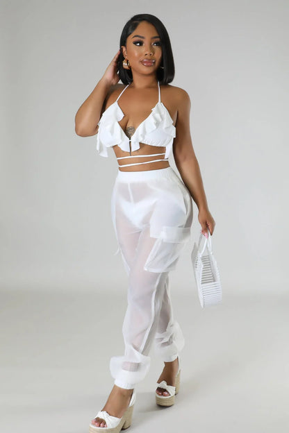 Poolside Days Sheer Cargo Pants – White High-Waisted Organza Style