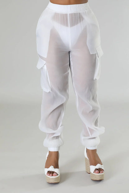 Poolside Days Sheer Cargo Pants – White High-Waisted Organza Style