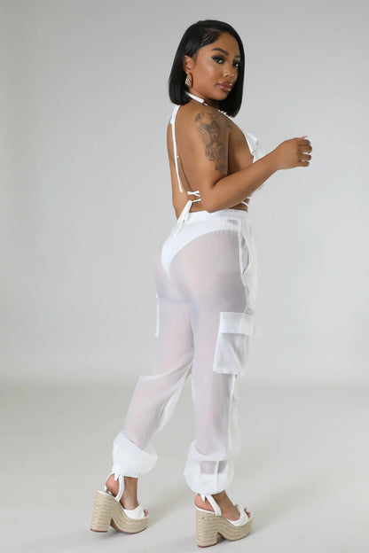 Poolside Days Sheer Cargo Pants – White High-Waisted Organza Style