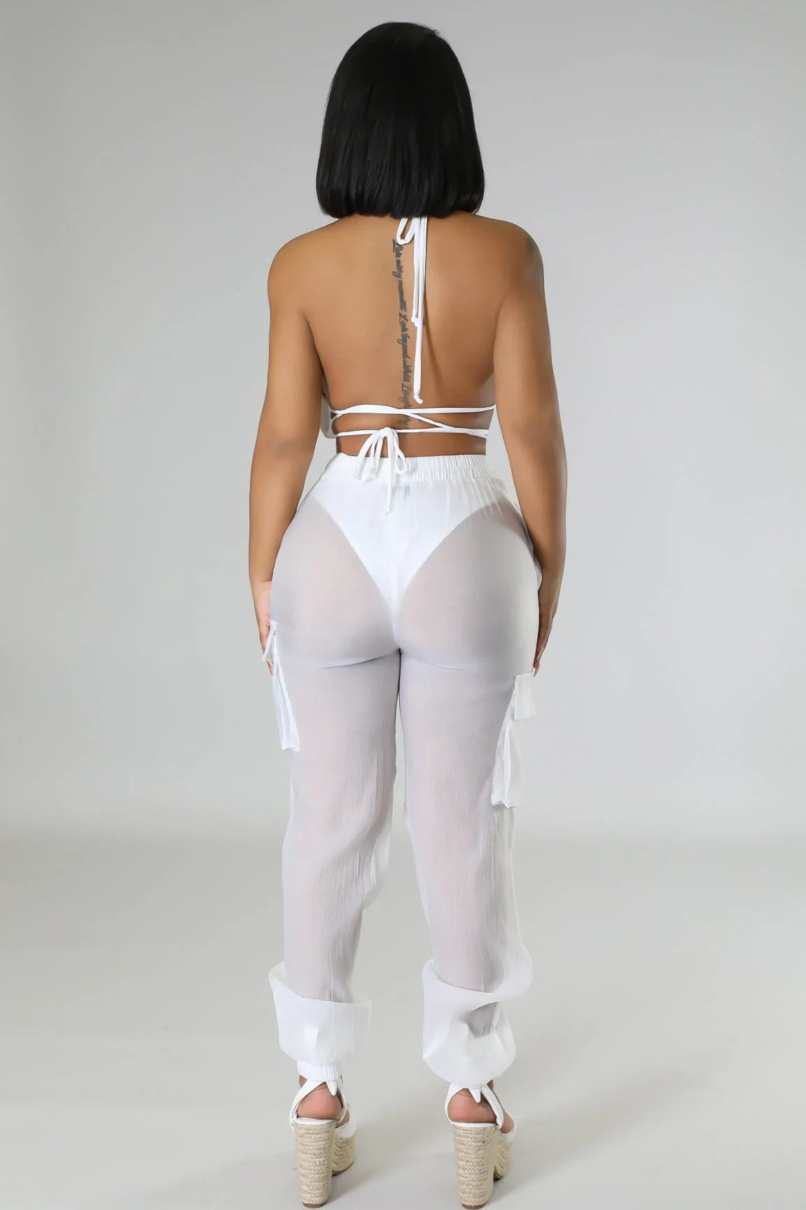 Poolside Days Sheer Cargo Pants – White High-Waisted Organza Style