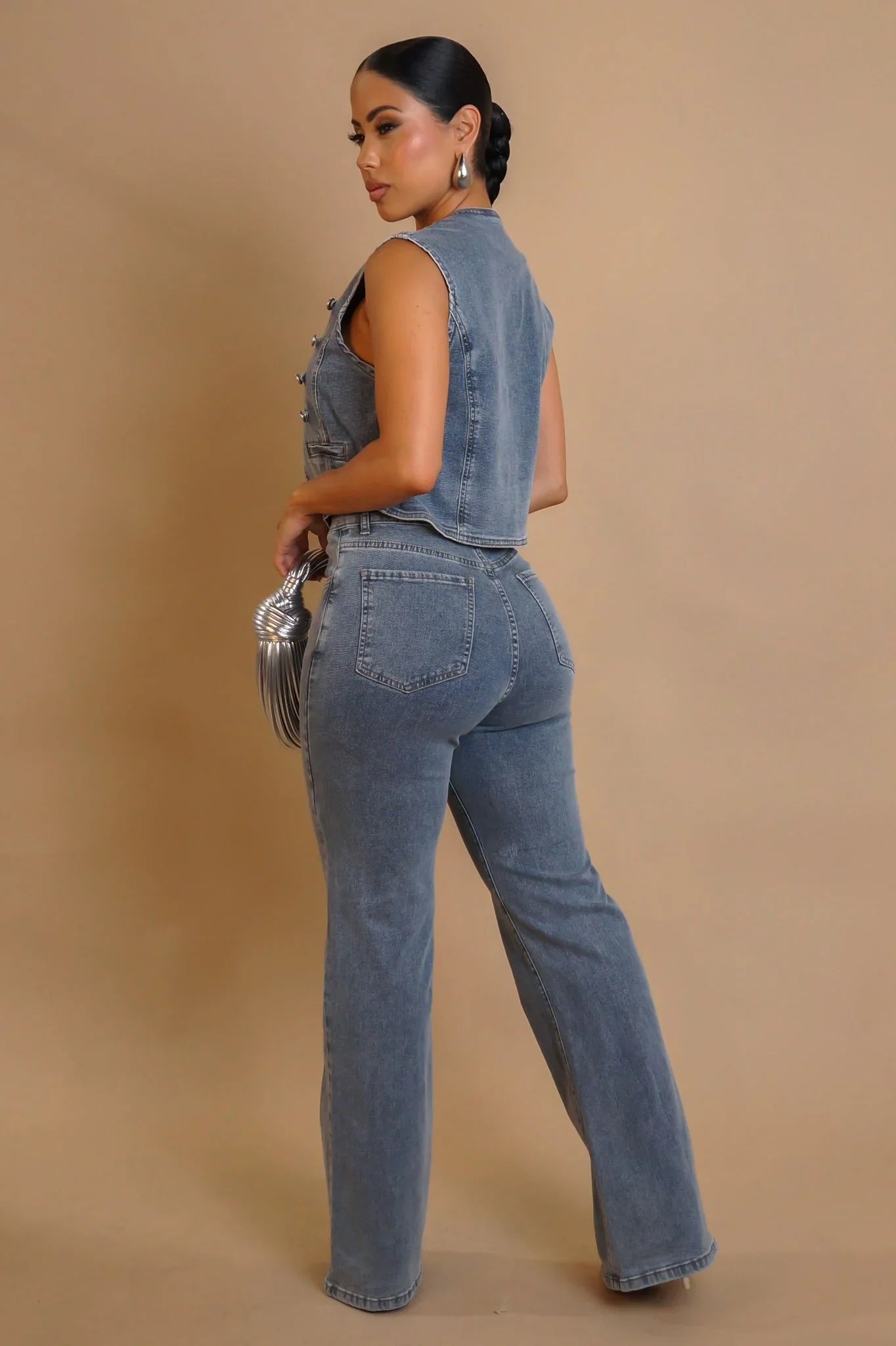 Power Play Denim Pant Set with Structured Vest and High-Waist Pants