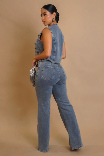 Power Play Denim Pant Set with Structured Vest and High-Waist Pants