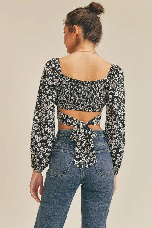 Printed Tie Back Crop Top with Long Sleeves and Smocked Back