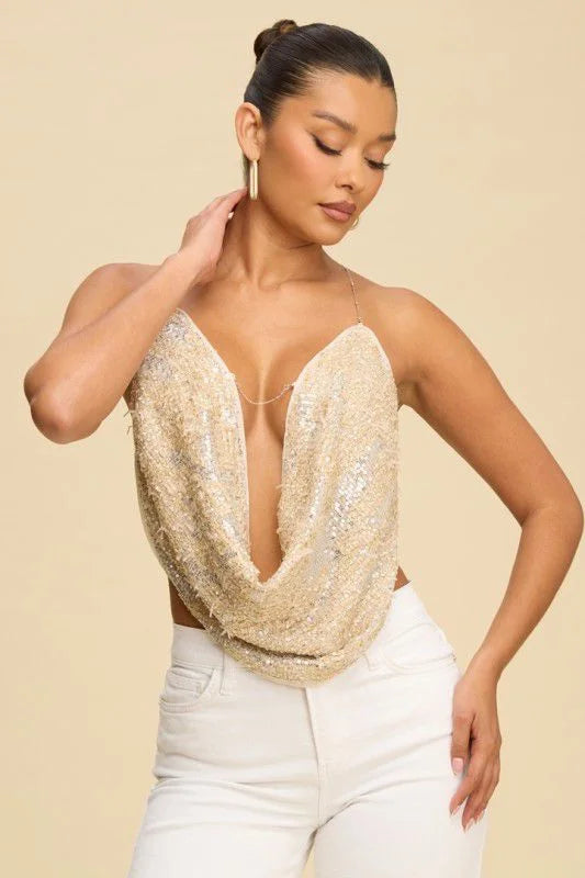 Radiant Chain Cowl Sequin Top – Blush